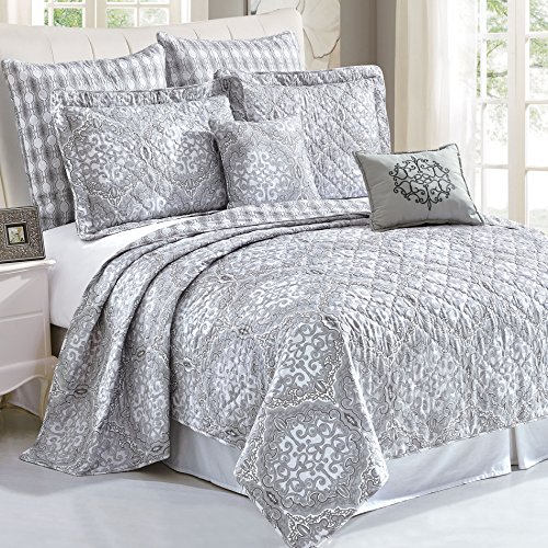 Home Soft Things 7 Piece Printed Microfiber Bedspread Quilts Set, 90" X 90" Queen, Melody, Gray Durable Geometric Lightweight Bed Cover Coverlet Bedding Set With Matching Shams Pillows #TOP20