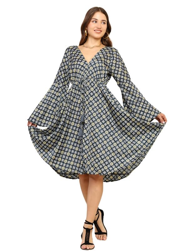 KE Kanha Exports Women Dress | Beach wear Dress for Women| Latest Stylish | Dresses for Woman | Summer Outfit | Unique Border Design Tassel Stretchable with Adjustable Drawstring fit and Flare