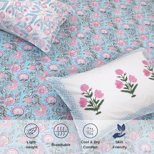 Image of TOAI Hand Block Printed Bedsheet | Bed Spread Flatsheet Bed Sheet | Pure Cotton | Queen Size 90 inchx108 inch | 300 TC Long Staple Cotton | 2 Reversible Pillow Covers |Pink Florals On Blue