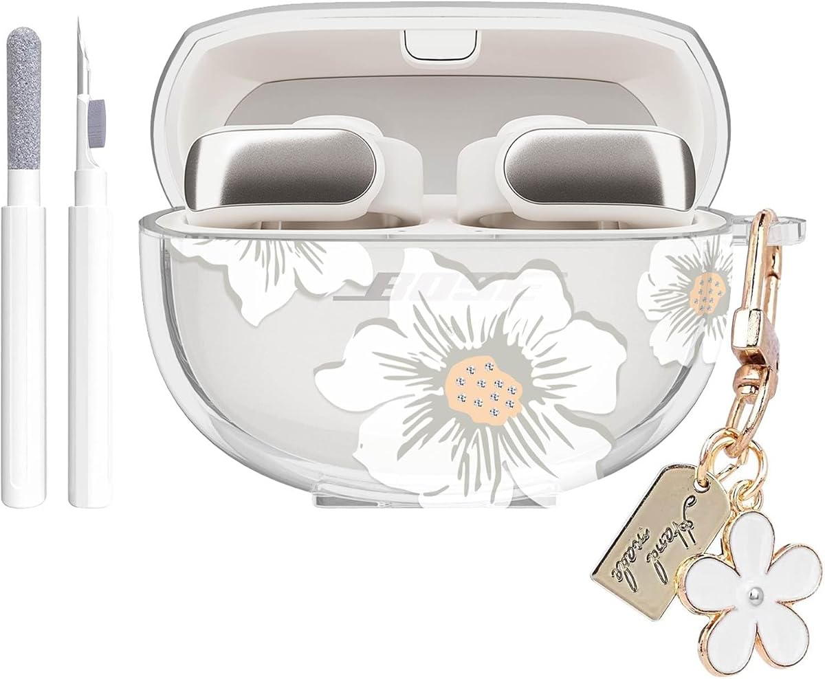 Aircawin for Bose Ultra Open Earbuds Case Clear,Cute Camellia Design-Clear | Shockproof Soft TPU Cover for Bose Open Ear Earbuds Case Cover with Girly Flower Keychain&Cleaning Pen for Bose Earbuds Women