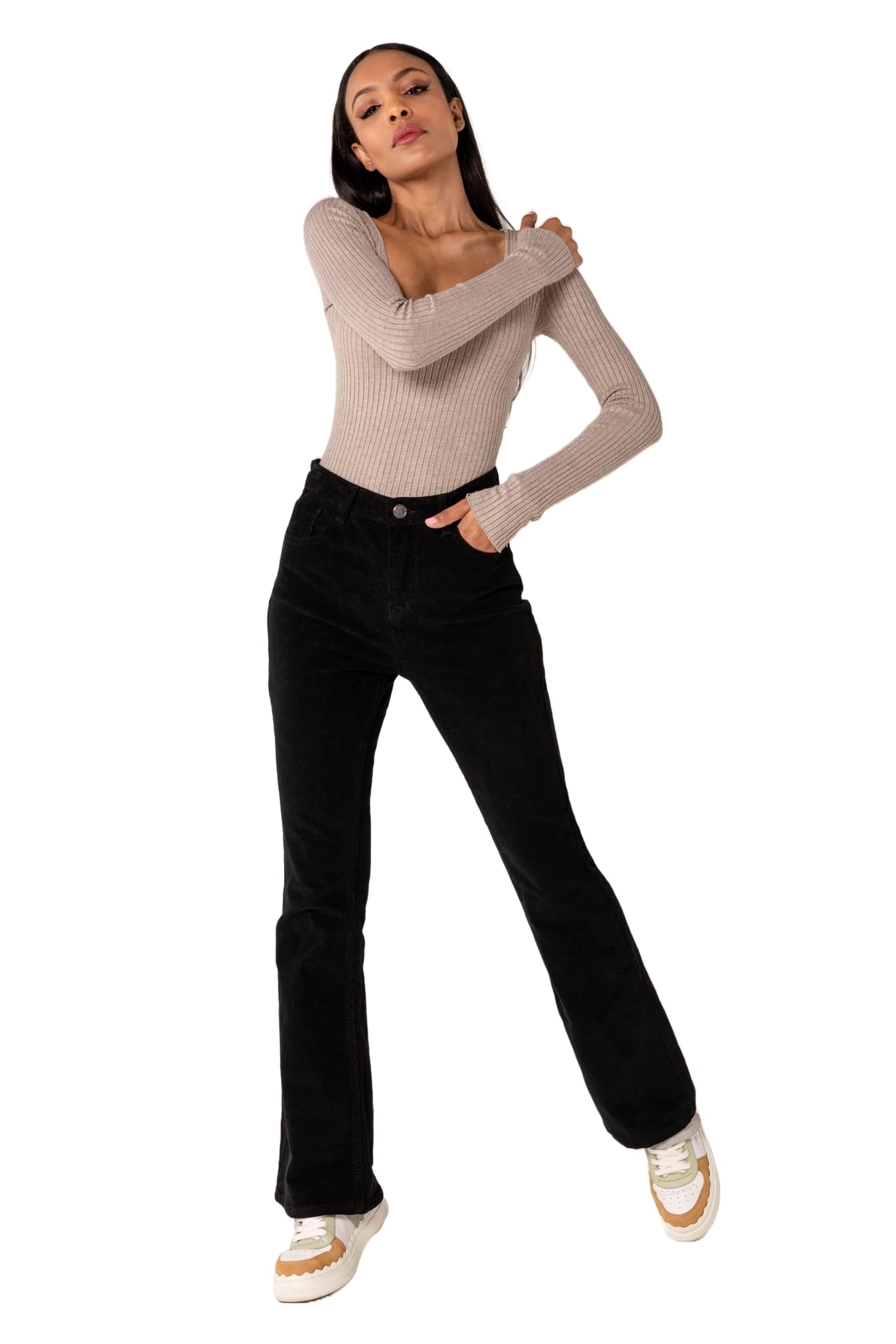 Nina Carter J221 - Pantaloni da donna a vita alta, in velluto a coste, stile vintage
