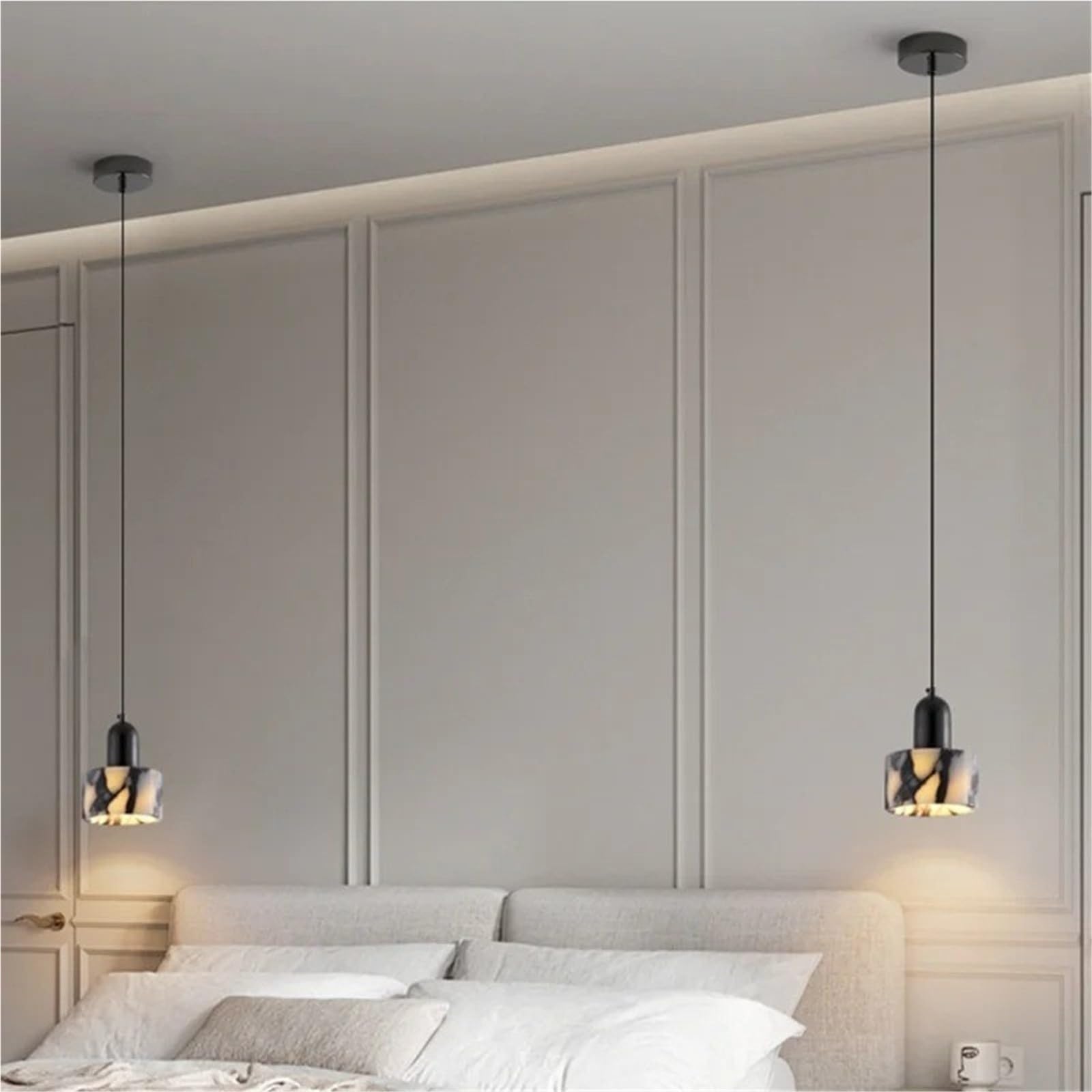 Lampadario in Marmo, Cilindro in Pietra Nera, Lampada a Sospensione a LED, Lusso
