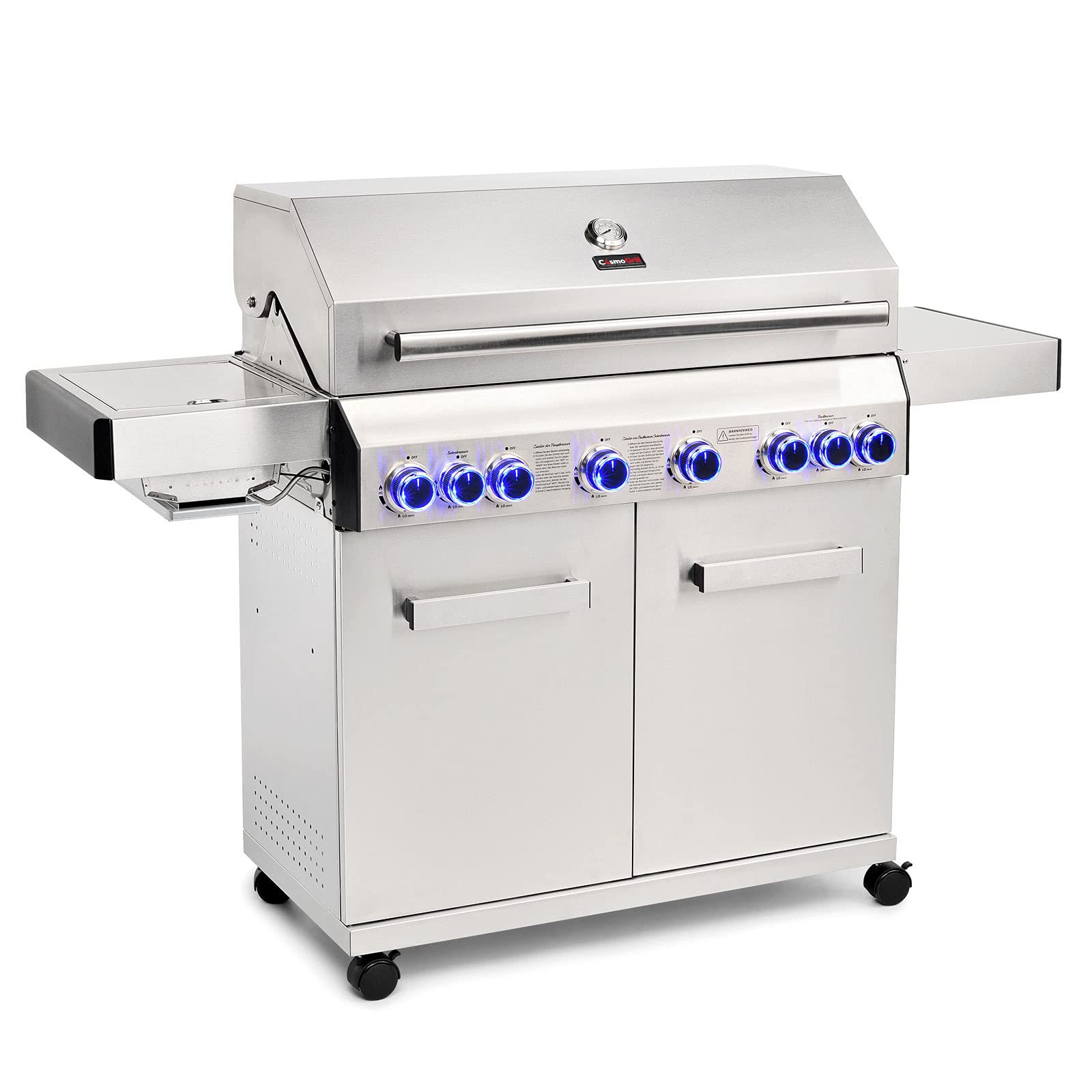 CosmoGrill Platinum Stainless Steel 8 Burner 6+2 Gas Barbecue Grill for Outdoor Cooking, High-Performance Garden Gas BBQ with Large Cooking Area and Built-in Thermometer