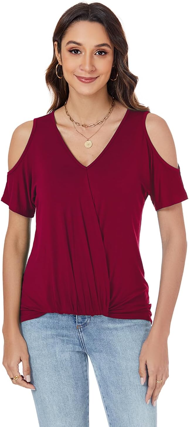 LEIYEE Womens Summer Cold Shoulder Tops Sexy Casual Short Sleeve V Neck Cute Front Knot Ruched Shirred T Shirt Blouse - Image 2
