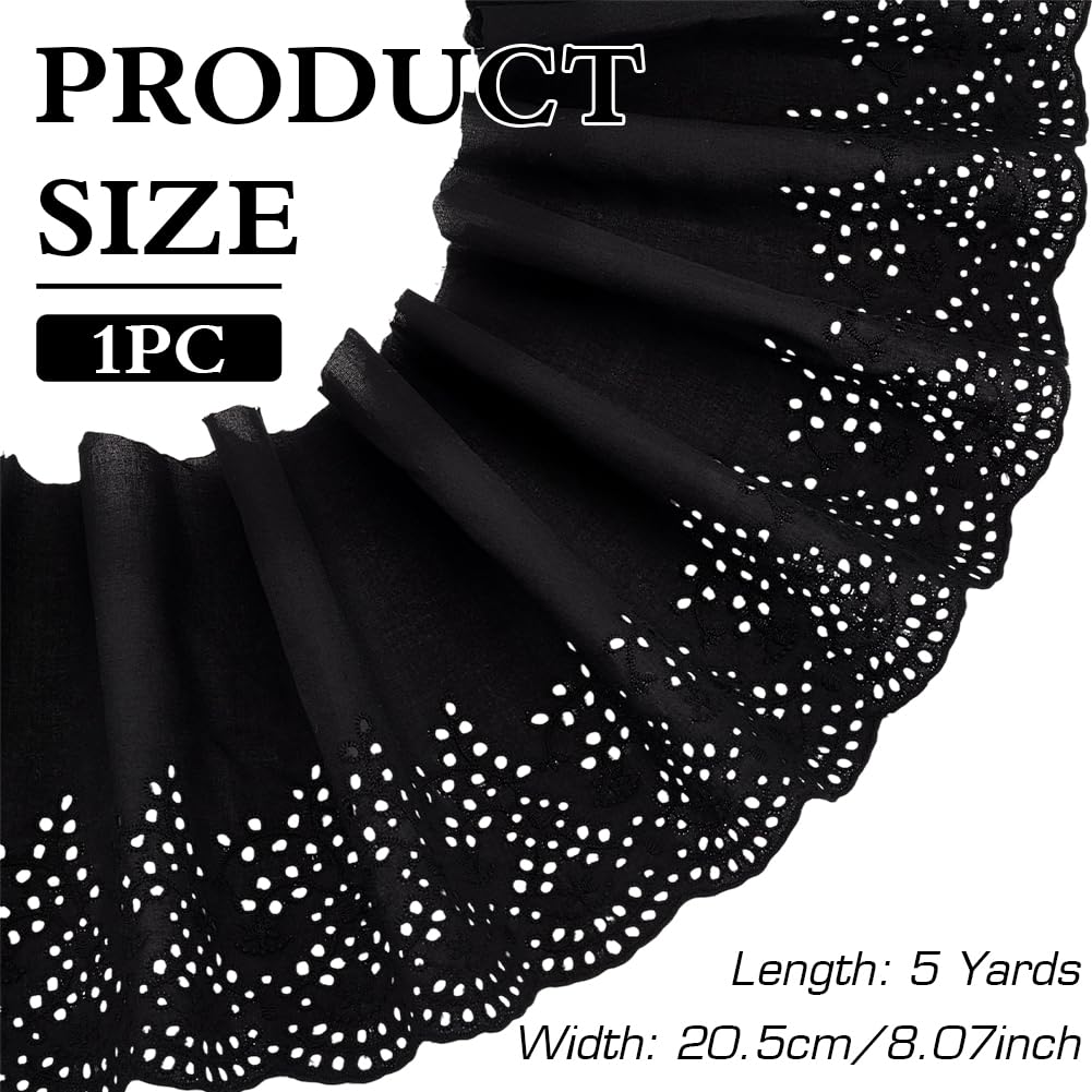 MAYJOYDIY 4,6 m × 20,5 cm, ribete de encaje de algodón con ojales, borde ondulado, borde negro, cinta de encaje floral con volantes florales para coser vestidos, ropa, bolsos, regalo