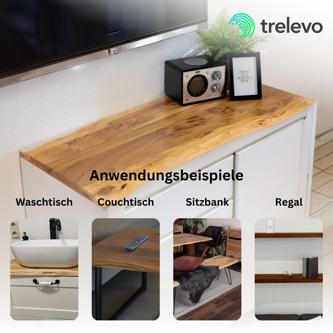 Holzplatte nach Maß 40-200 x 20-100 cm, Akazienholz massiv 35mm, naturfarben/nussbaumfarben, individueller Zuschnitt, Baumkantenplatte für Bastler und Heimwerker