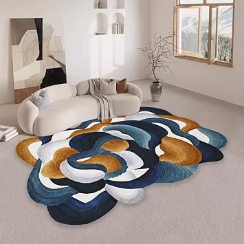 Modern Abstract Shaped 3D Illusion Area Rugs 5x8 Navy Brown Grey Shag Fluffy Wool Irregular Rug for Livingroom Bedroom Diningroom Arti Office Nursery Playroom Carpet