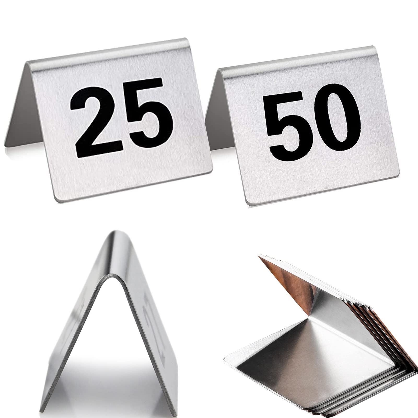 MYUYEE Stackable Table Number Cards, Stainless Steel Tent Style Table Number, For Restaurants, Establishments & Special Events, Digital Sign Seat Card 1-50/100 Number (1 To 50-L:40Xw:50Mm)
