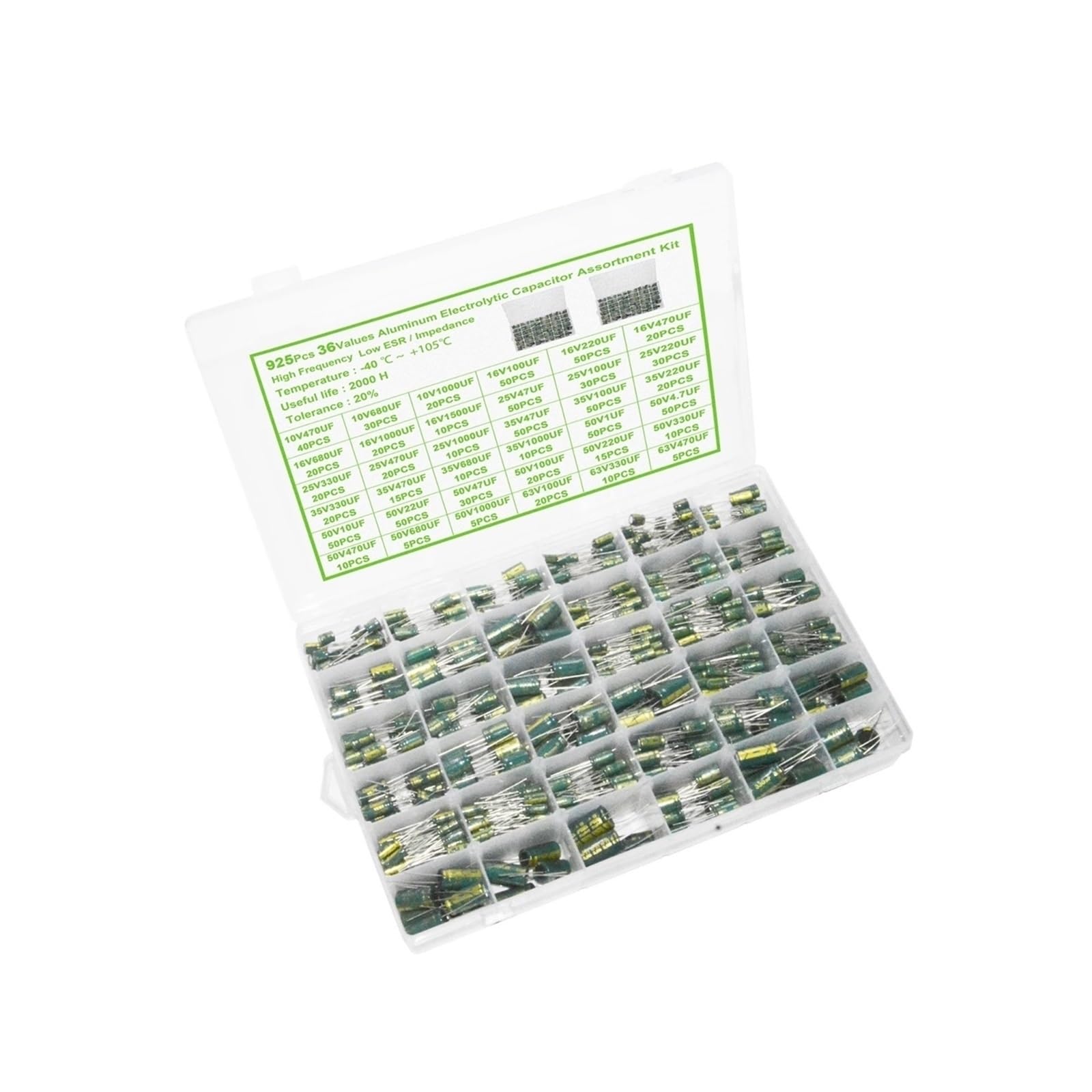 Kit condensateur électrolytique 925 pièces basse impédance de 10V à 63V en boîte compartimentée