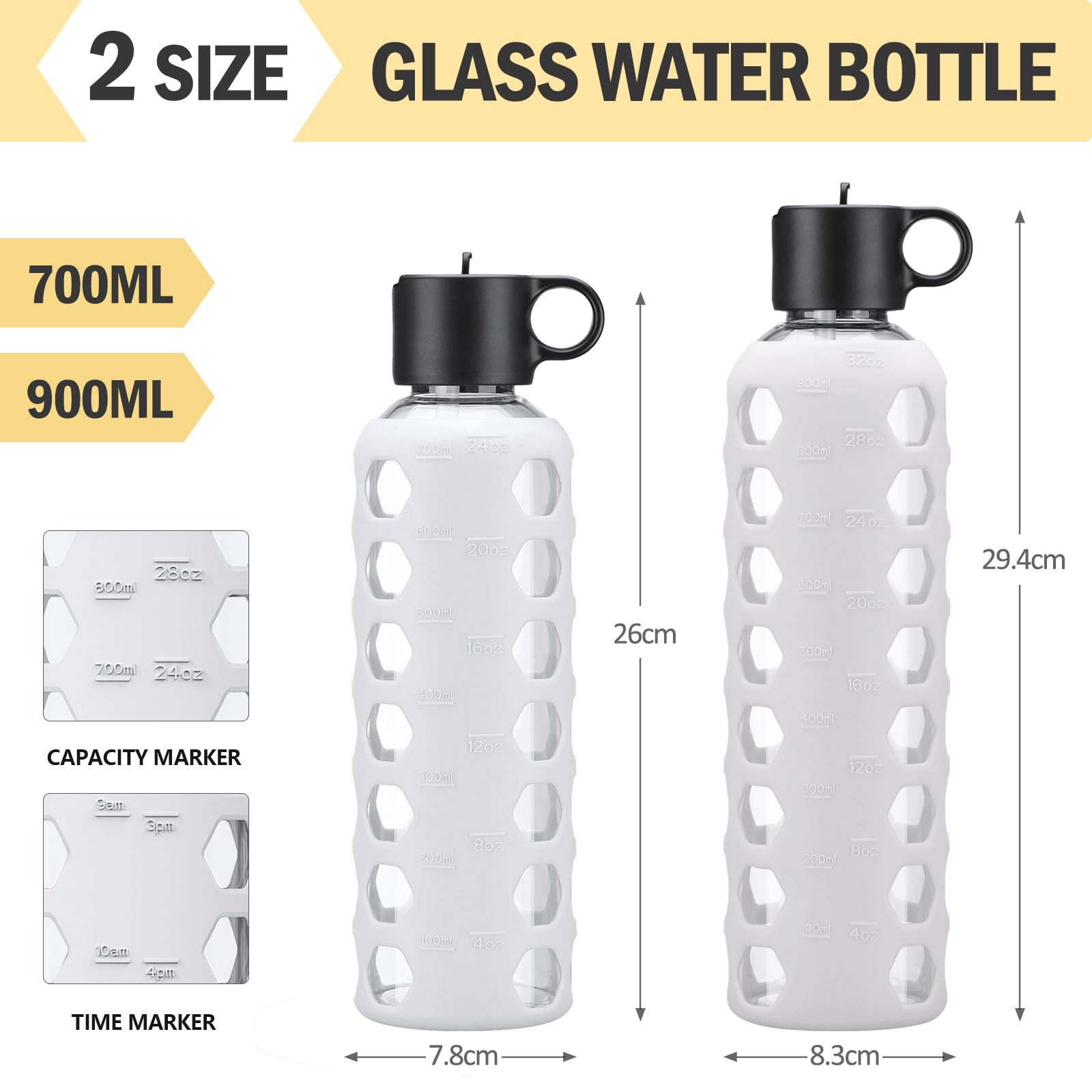 BLUEGO Borracce in vetro, 700ml Bicchiere in vetro, Bottiglie per bere con 2 coperchi, Bottiglia per l'acqua sportiva con custodia in silicone, A prova di perdite, Bianco