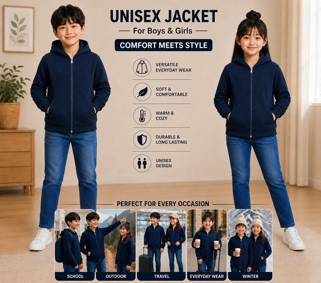 ADBUCKS Girls Hooded Zip-Up Sweatshirt | Casual Sports Hoodie Jacket| Soft Full Zip Hooded Jacket for School, Outdoor, Travel & Everyday Wear | Fashion Winter Hoodie Blue 1