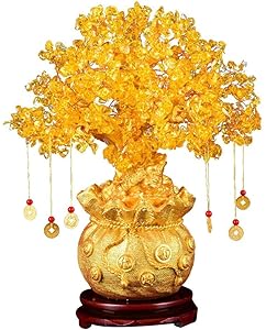 19cm Geldbaum Feng Shui Bonsai-Deko für Glück + Geld, Gold + Gelber Citrin | Edelstein-Baum