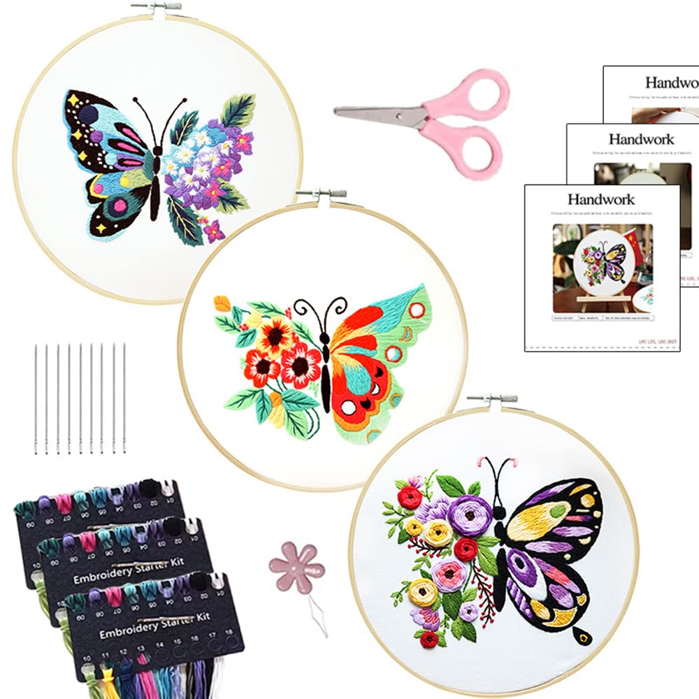 SYOSIButterfly Flower Embroidery Stitch Practice kit Beginners Embroidery Kit for Beginners Include Embroidery Cloth Hoops Threads for Craft Lover Hand Stitch with Embroidery Skill Techniques 3 Sets
