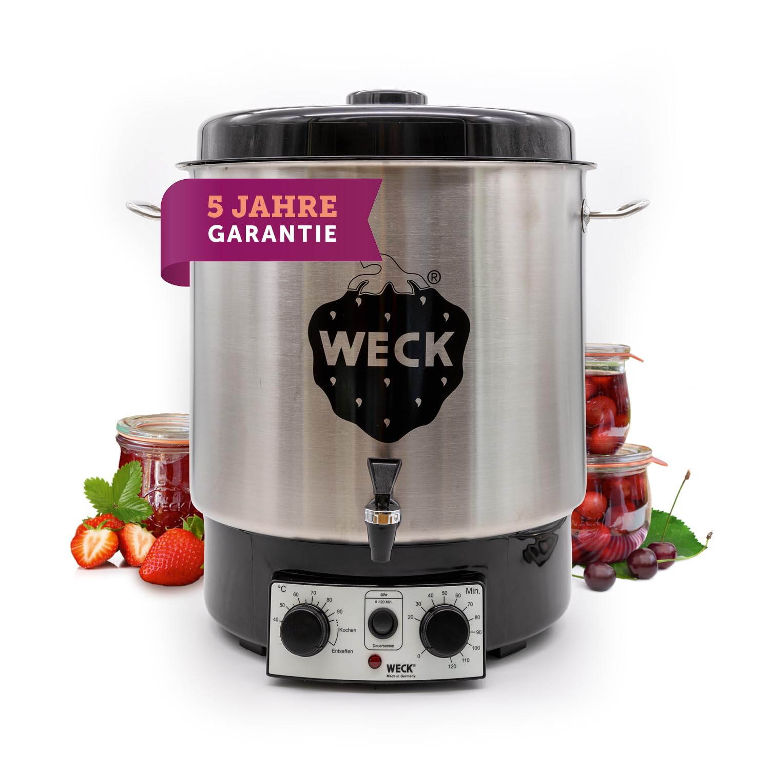 WECK Einkochautomat WAT25-A Edelstahl mit Präzisionsthermostat, Auslaufhahn & Zeitschaltuhr – 30L Einkochtopf, Glühweinkocher, Dampfentsafter, Einweckautomat – Made in Germany, hochwertig & vielseitig