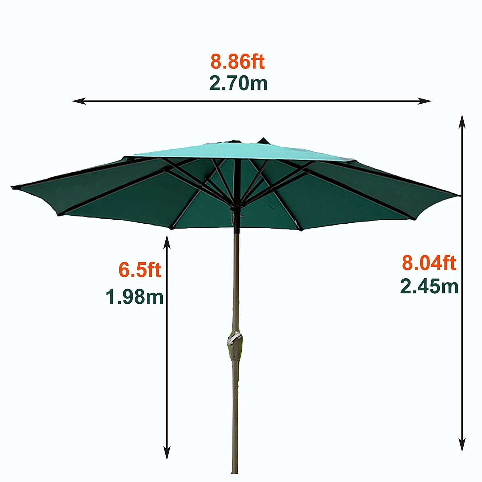 Green patio parasol, 2,7 m, ogród ochrony przeciwsłonecznej Parasol z korbą i 8 żebrami, parasol na basen plażowy pokładowy