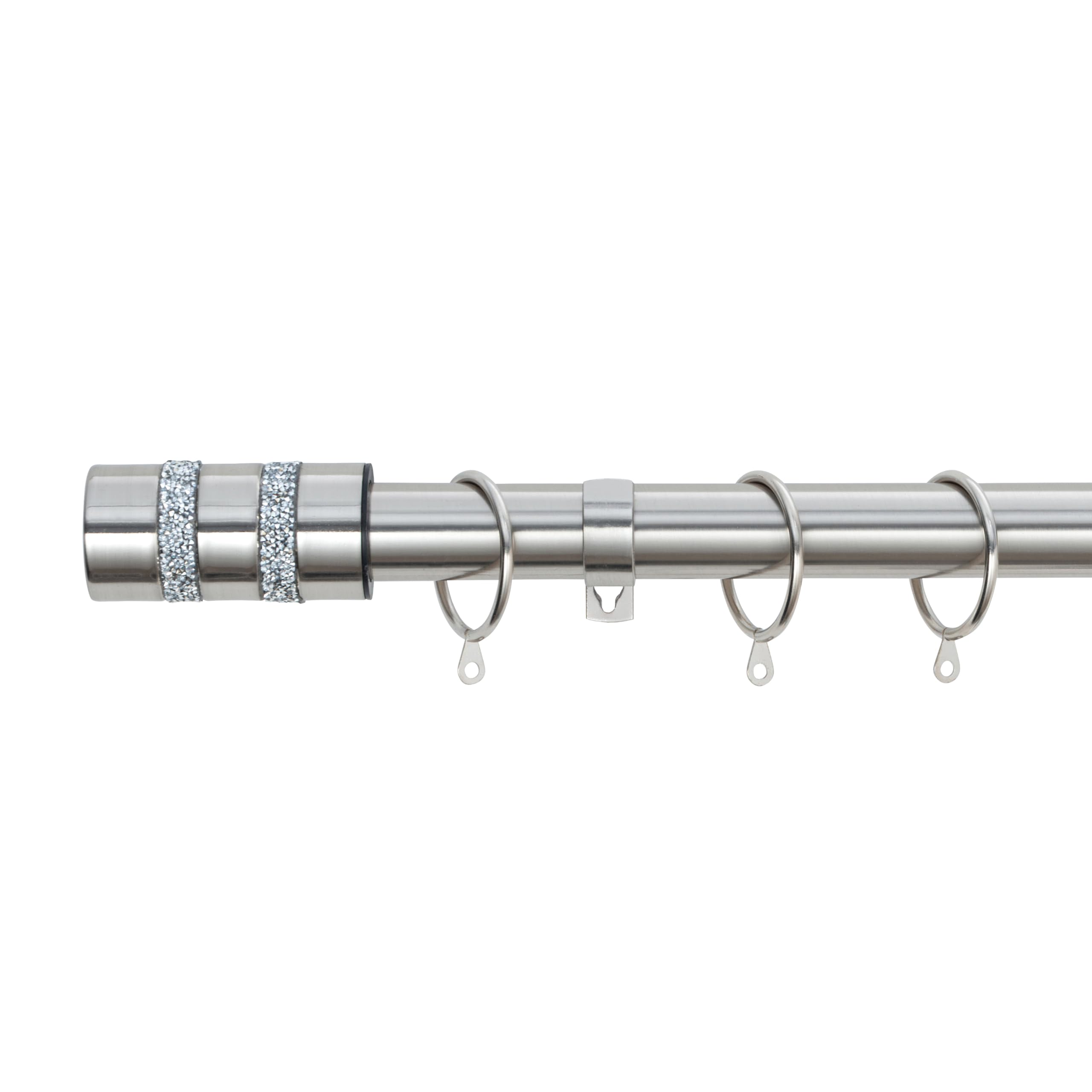 A.Unique Home Diamante Barrel Metal Extendable Curtain Pole With Rings and Fittings, In a Variety of Colours and Sizes (25/28mm). (Brushed Steel, 120cm - 220cm, 47" to 87" Approx)