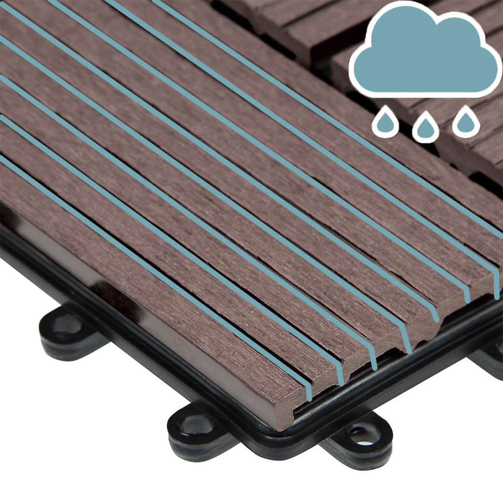 BAKAJI Juego de 11 piezas de azulejos WPC para jardín exterior, patio, balcón, suelo con drenaje de agua, azulejos de montaje empotrado, resistente a los agentes atmosféricos, diseño incrustado