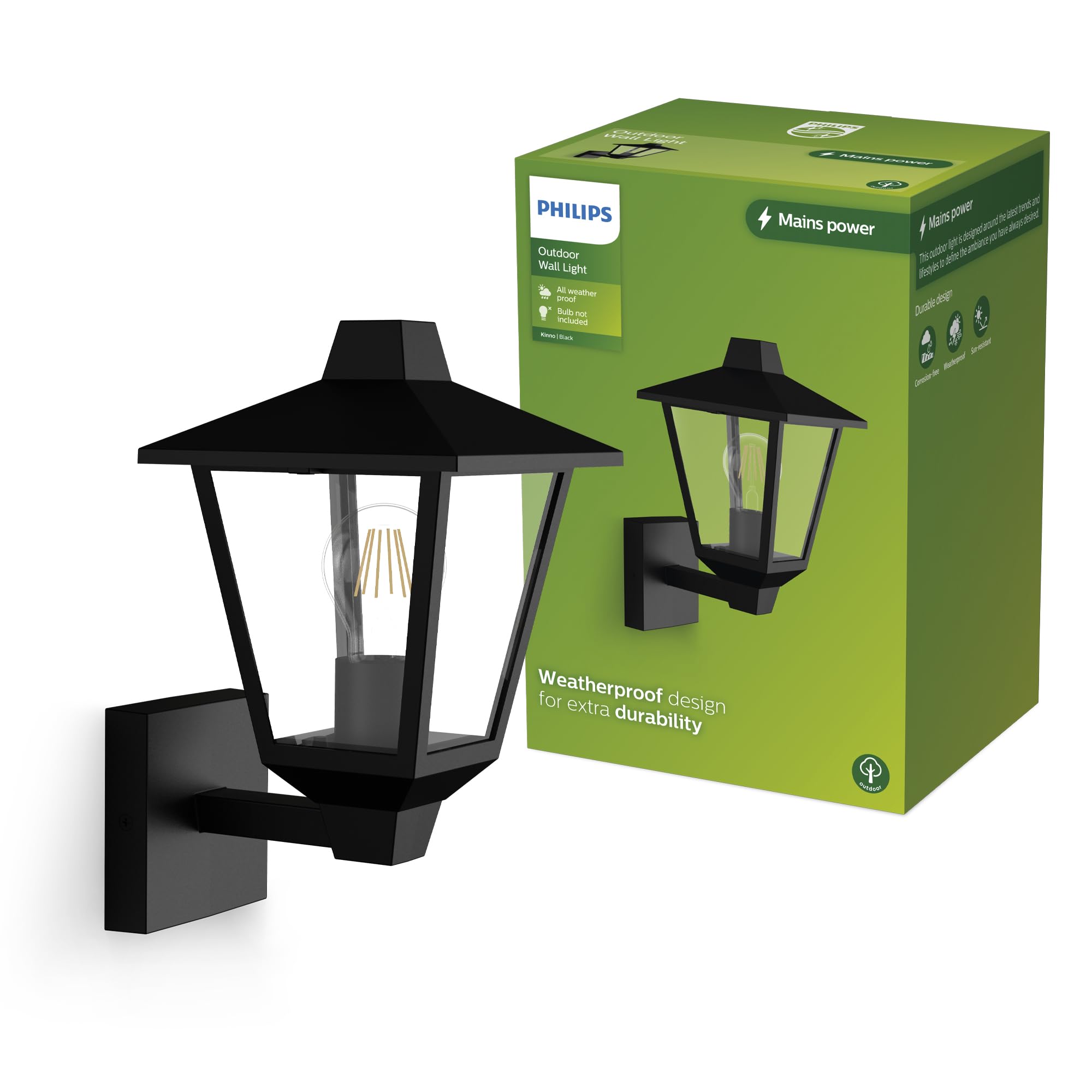 PHILIPS Kinno Outdoor Wall Light, Max 25W, E27 Socket, Black​
