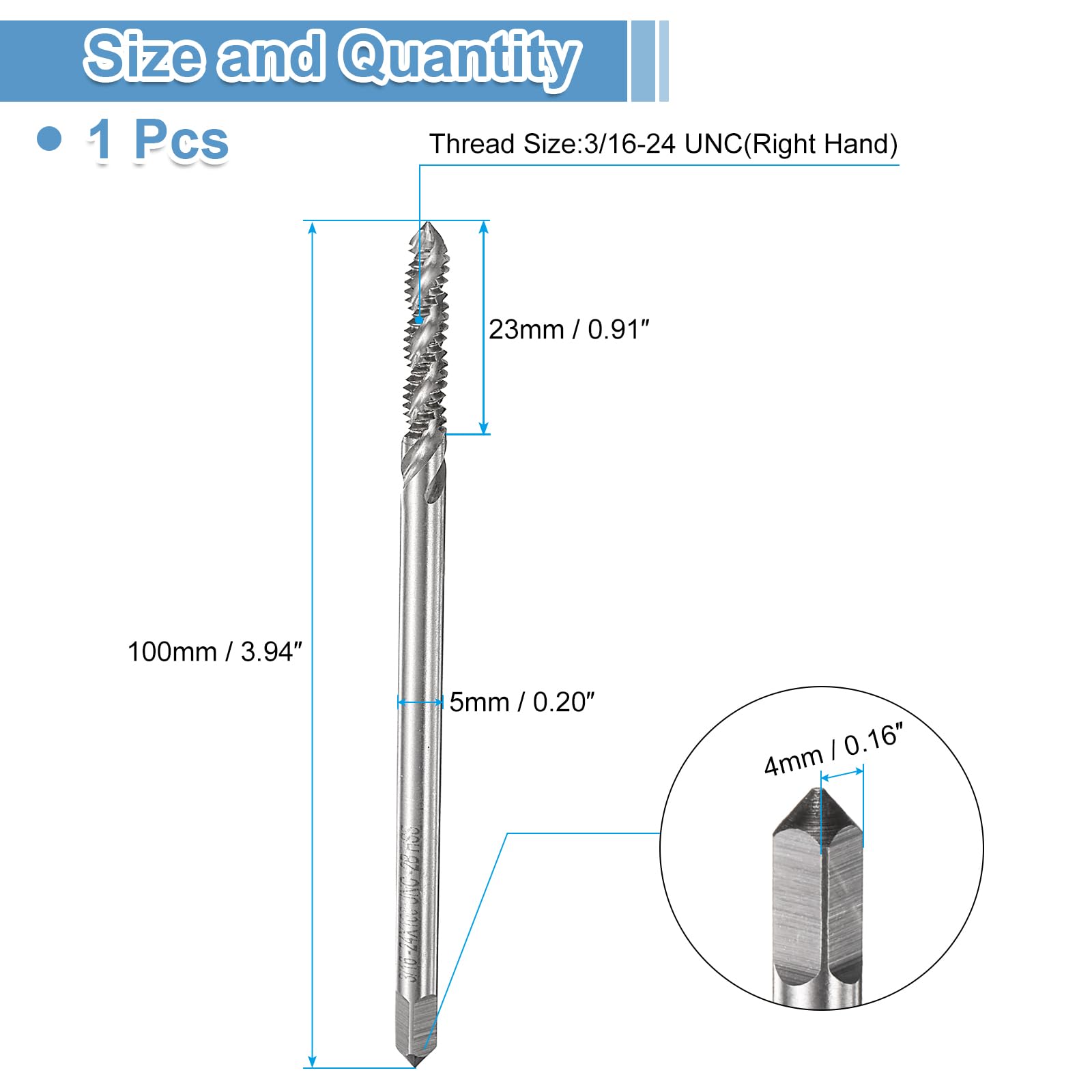 uxcell Spiral Flute Thread Taps 3/16-24 UNC 2B Machine Threading Tap Bit, Uncoated Screw Tapping Repair Tool, M2 High-Speed Steel (HSS)