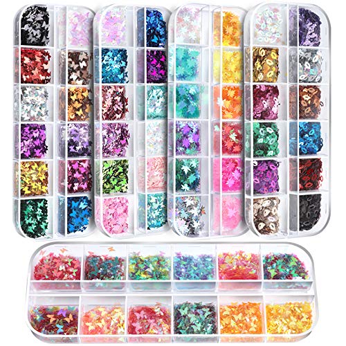 60 Boxes Nail Art Glitter Sequins, FANDAMEI 36 Boxes 3D Butterfly Glitter Sequins,12 Lip Shape Nail Sparkle Glitter,12 Maple Leaf Confetti Paillettes, Nail Flakes for DIY, Makeup,Body Face Glitter