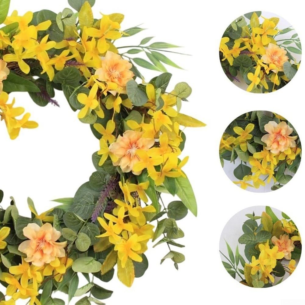 Corona primaverile estiva 55 cm eucalipto per sfondo matrimonio | Foglie di eucalipto realistiche, osmanto giallo vibrante, primavera estate per atmosfera, diametro 55 cm
