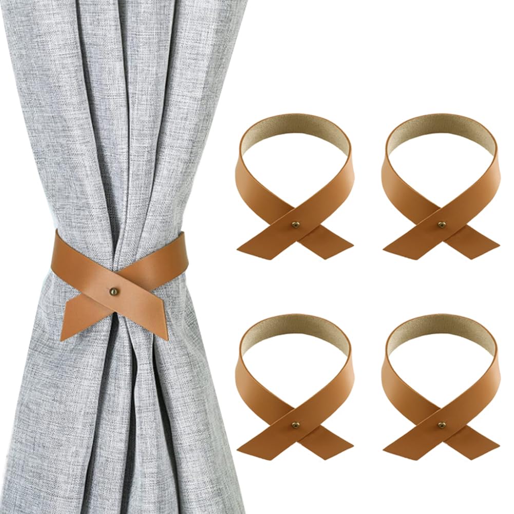 4 pcs Leather Curtain Rope Tiebacks,Decorative Curtain Tie Backs Holdbacks Tiebacks for Home Office Living Room Balcony Curtain Buckle Decorative Accessories (Brown)
