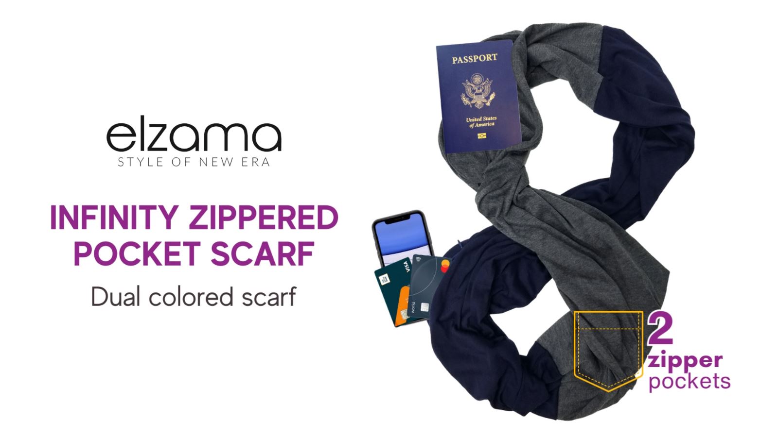 elzama Dual Color Travel Scarf for Women, Infinity Scarves with 2
