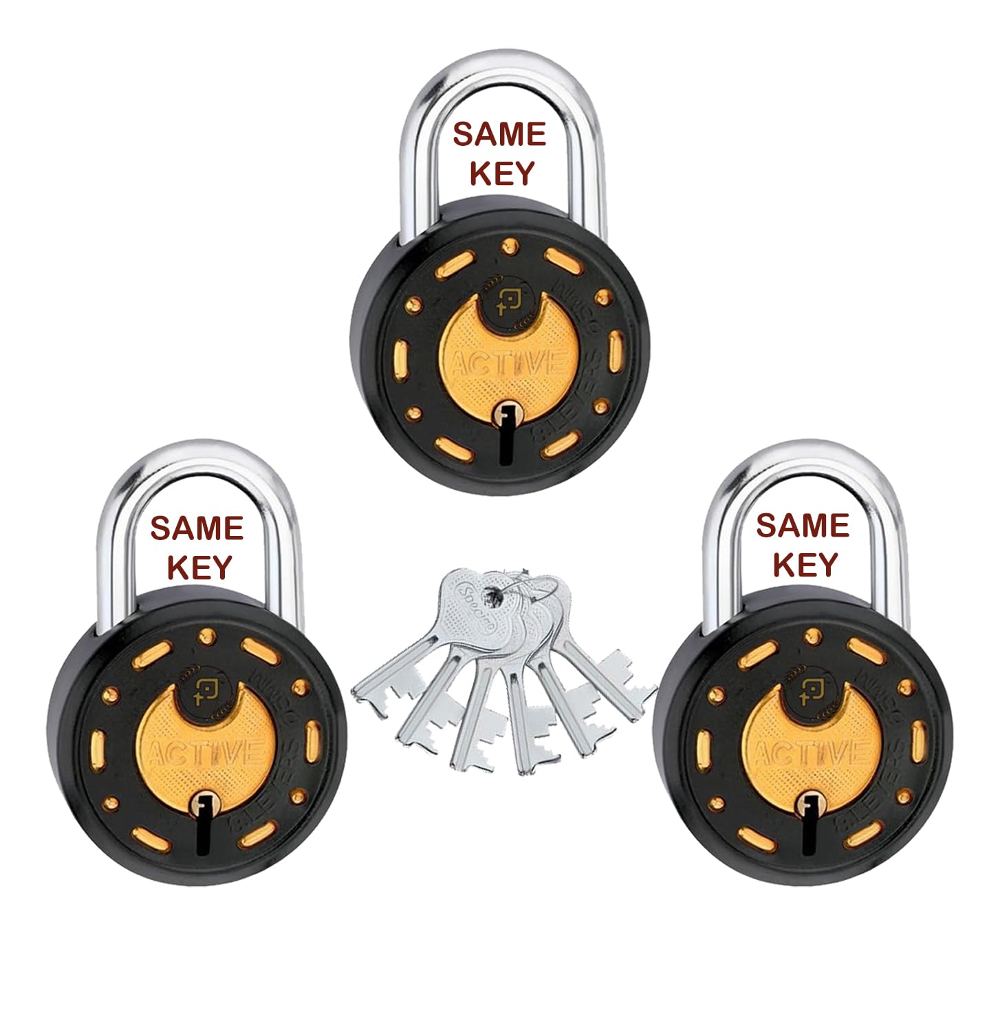 Azco Round Locks 65mm 6 Same Keys with 3 Padlocks | 8 Levers Double Locking | Lock and Key for Home Door Shop Gate Office Locker, Black Gold Finish (Pack of 3)