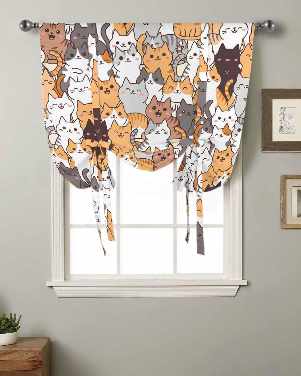 Cartoon Cat Tie Up Curtains for Windows 63 Inch Length Balloon Curtains Kitchen Adjustable Balloon Window Shade Modern Funny Cute Orange Gray Animals Tie Up Valance Bathroom Curtain Window 52