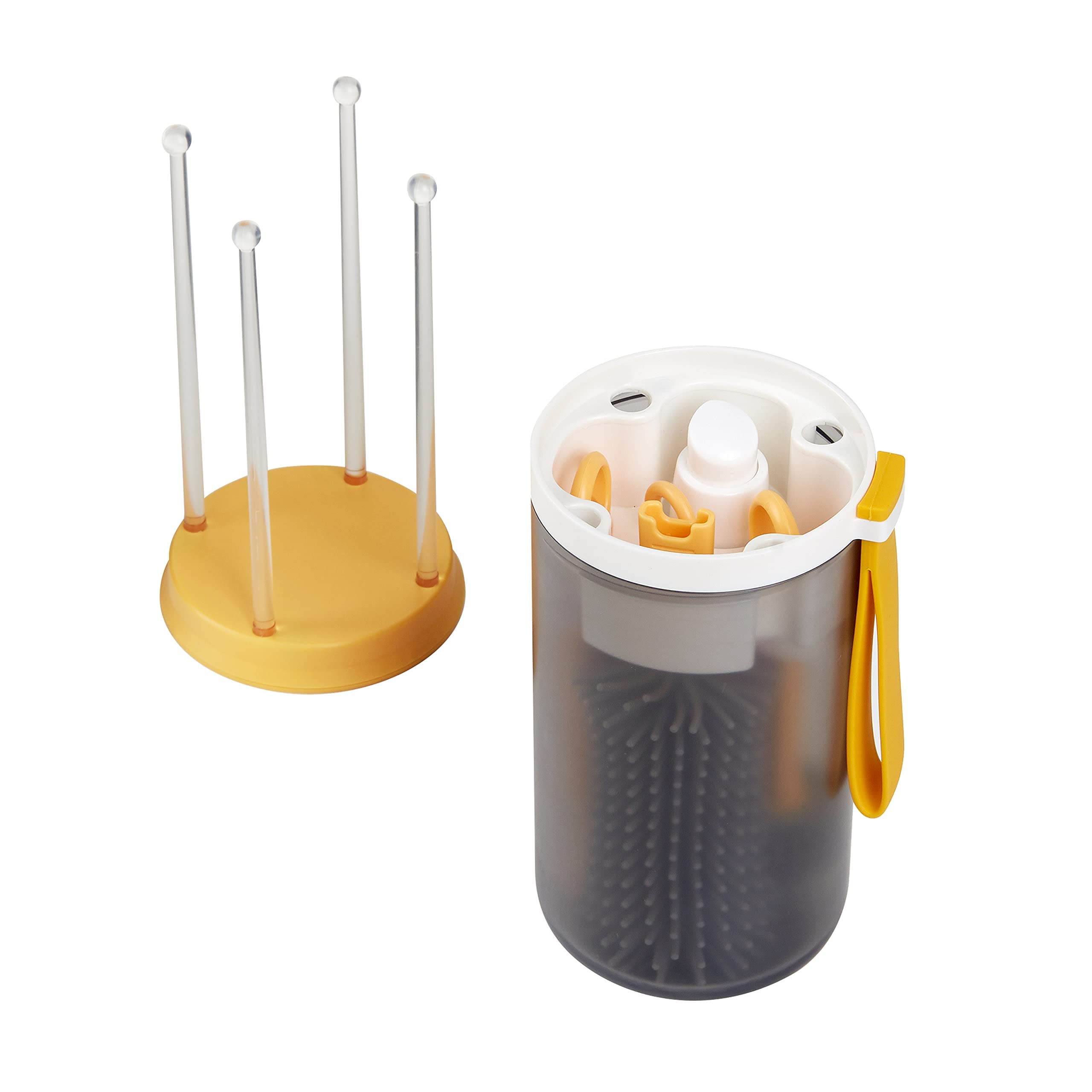 Kit di pulizia e asciugatura per bottiglie/tazze senza BPA. Regalo per neonati o nuovi genitori. Spazzola in silicone, vaschetta raccogli gocce/asciugabottiglie durante i viaggi/casa/aereo. Giallo