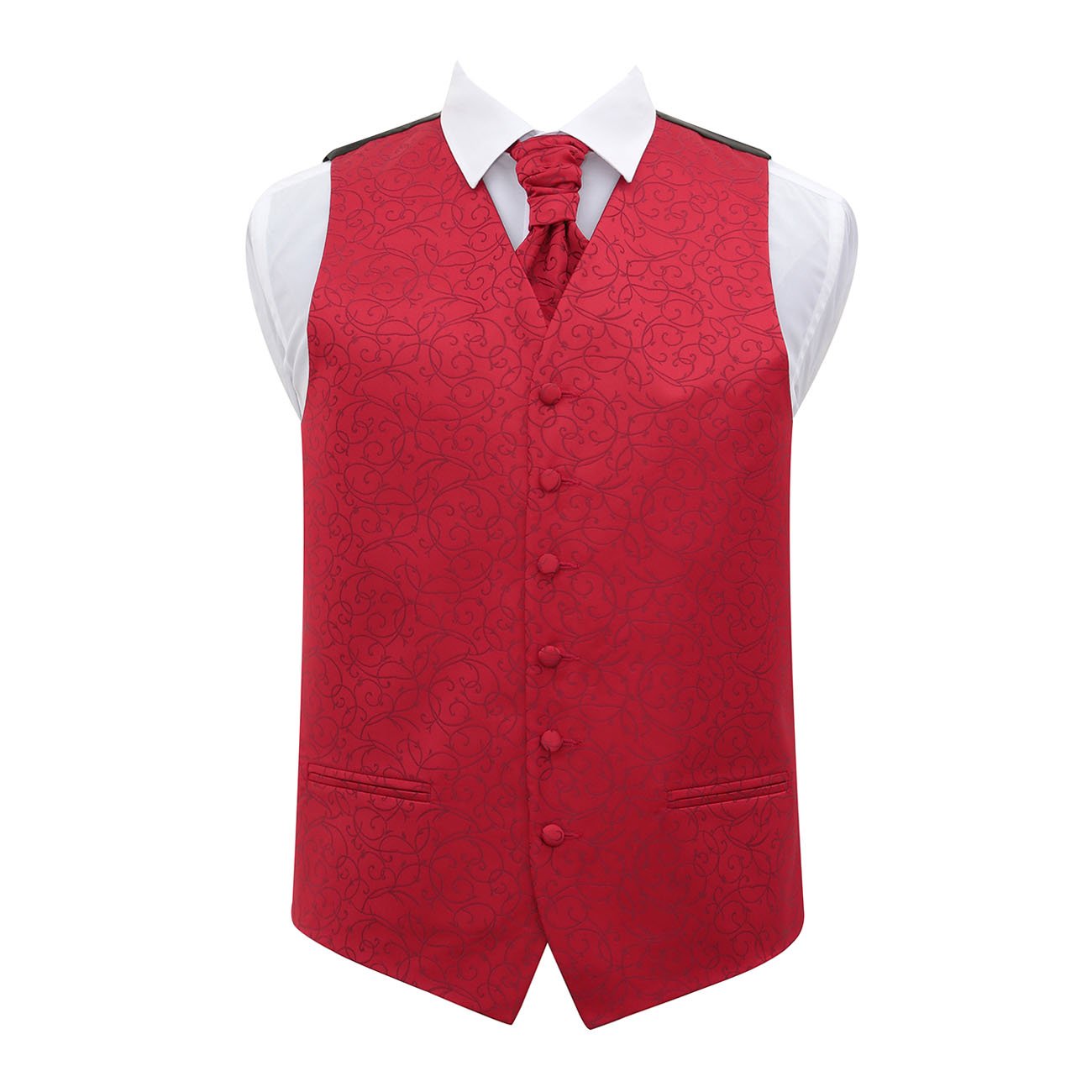 Dqt Men's Burgundy Swirl Floral Jacquard Waistcoat, Cravat, Pocket Square & Cufflinks Set (4Pc) - Wedding, Business & Formal - 42" (Xl)