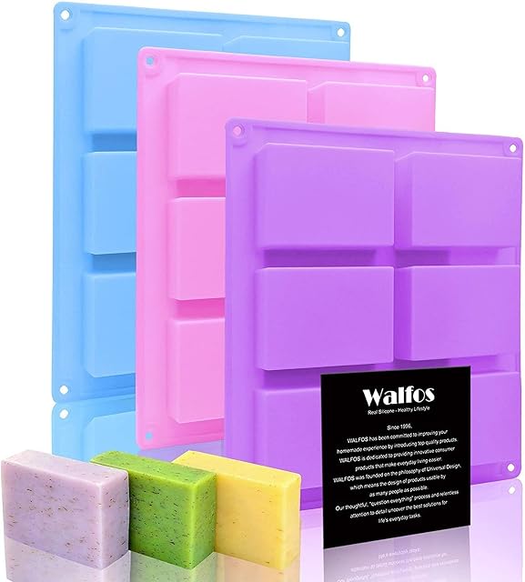 Walfos Silicone Soap Molds Set of 3, 6 Cavities Rectangle Silicone Soap Molds for Homemade Craft Soap Mold, Cake Mold, Chocolate Mold  Ice Cube TrayBlue & Purple  Pink