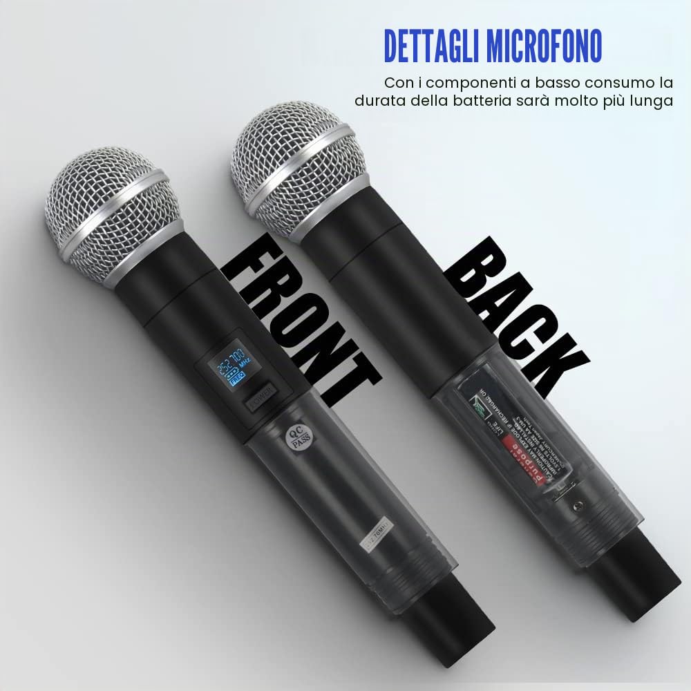 K7 - Kit microfono professionale senza fili 2 portatile VHF 230-250 MHz 100 m per karaoke, feste, lingua