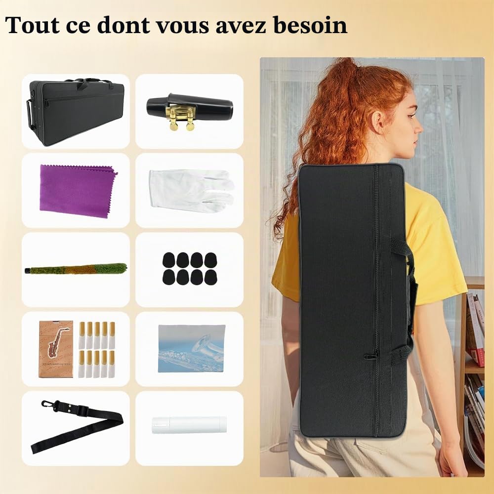 Yinfente - Saxophone Alto Mi Bémol pour débutants adultes, saxophone étudiant, kit complet avec anches, coussinets, étui de transport rigide, chiffon et tige de nettoyage, bec, gants, sangle de cou
