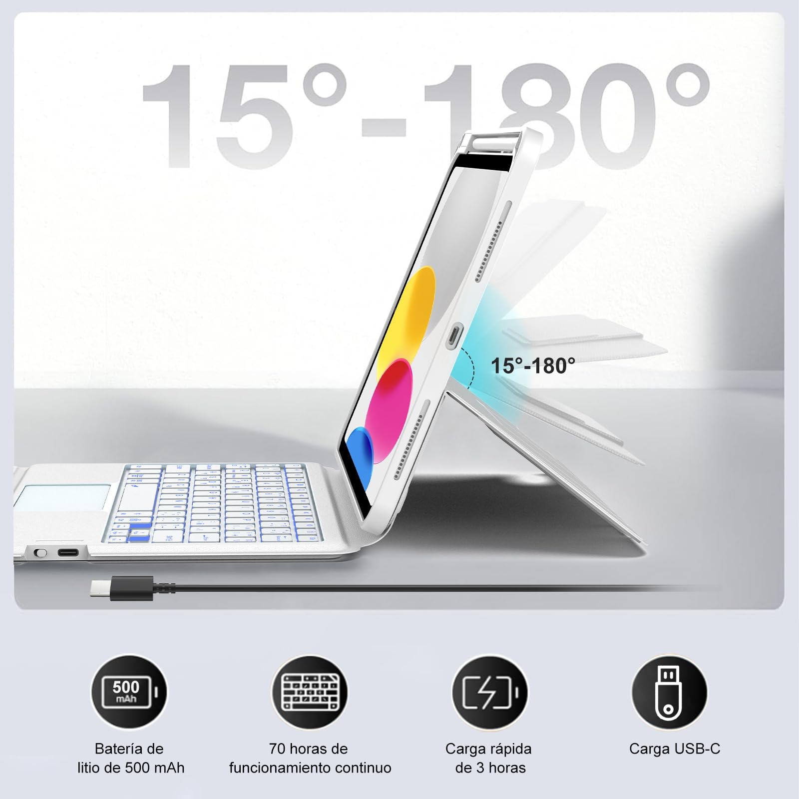 Funda Teclado para iPad A16 11 Gen 2025/ iPad 10ª Generación 2022 | Funda para iPad A16 con Teclado Bluetooth Trackpad Español, Teclado Retroiluminado Inalámbrico para iPad 10/11 Gen A16-Blanco