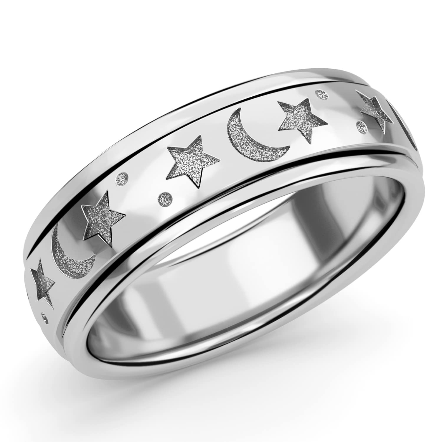 925 Silber Spinner Ring für Damen und Herren, Anti-Stress Fidget Ring mit Mond & Stern Design, Meditationsschmuck, Drehband gegen Angst & Nägelkauen