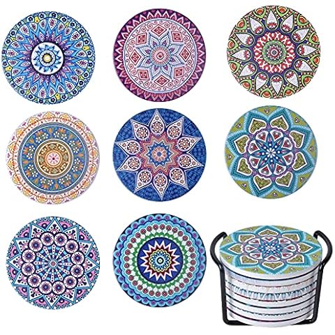 HQdeal Set of 8 Mandala Coasters with Holder Cover