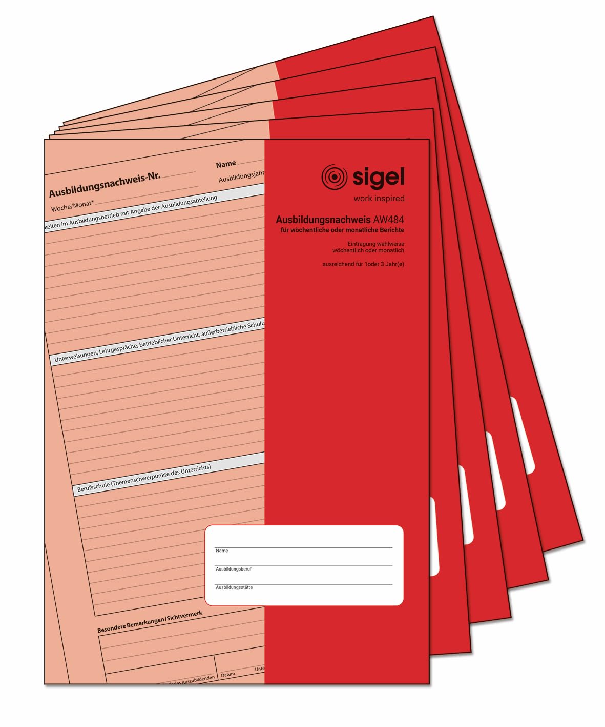 SIGEL AW484/5 Training Report Book for Weekly or Monthly Registration, Pack of 5, A4, 28 Sheets, 1 Week or 1 Month Overview of 1 Page, Enough for 1 or 3 Years