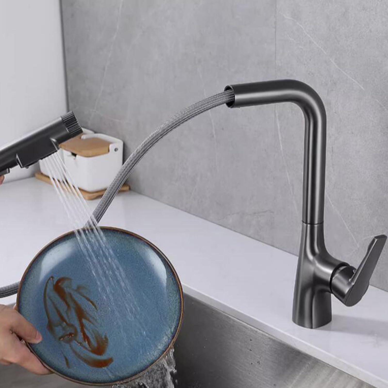 Mitigeur cuisine 3 voies gris en laiton avec douchette extractible