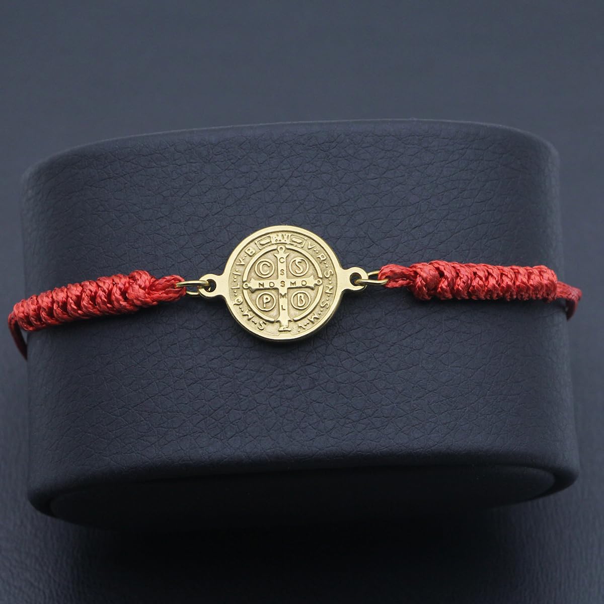 St. Benedict Medal Bracelet for Women, Hand Woven Adjustable Cord Bracelet, Gold-Plated Stainless Steel Religious Faith Jewelry