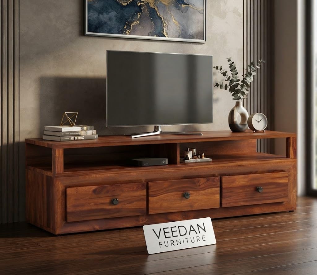 Wooden TV Unit with 3 Drawers & Open Shelf, TV Stand for Smart TV, Media Unit for Living Room, Entertainment Center, TV Console Table TV Table for Living Room 55 inch TV Cabinet-image-24