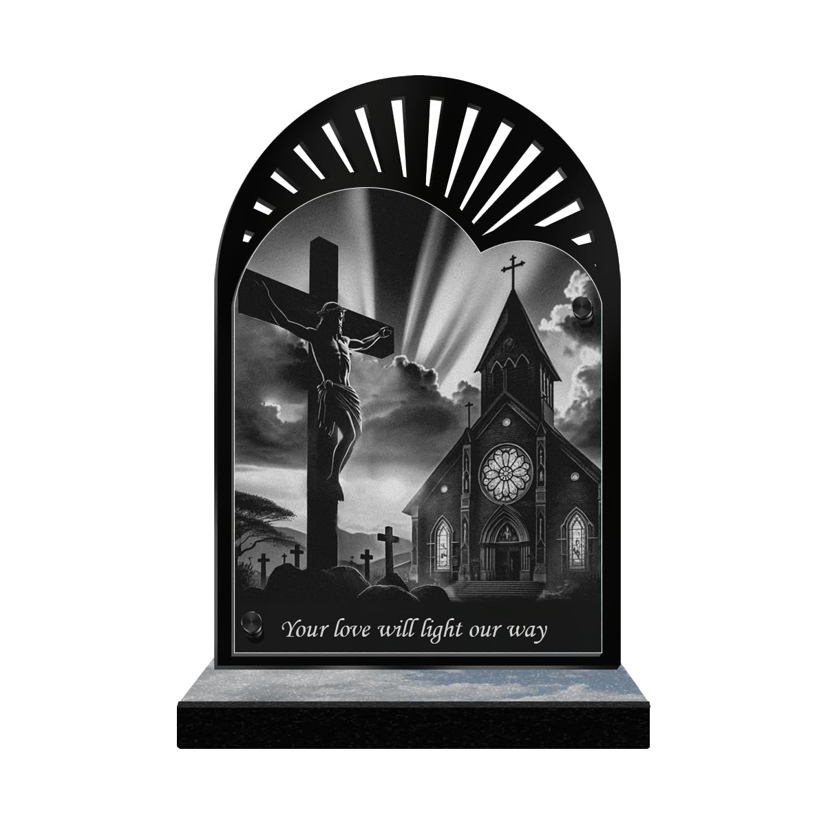 ETERNEL - Personalized Funeral Plaque Sun Rays - Church Cross Jesus Christ, Religion - Customizable text, laser-engraved funeral plaque for tribute, cemetery plaque, funeral