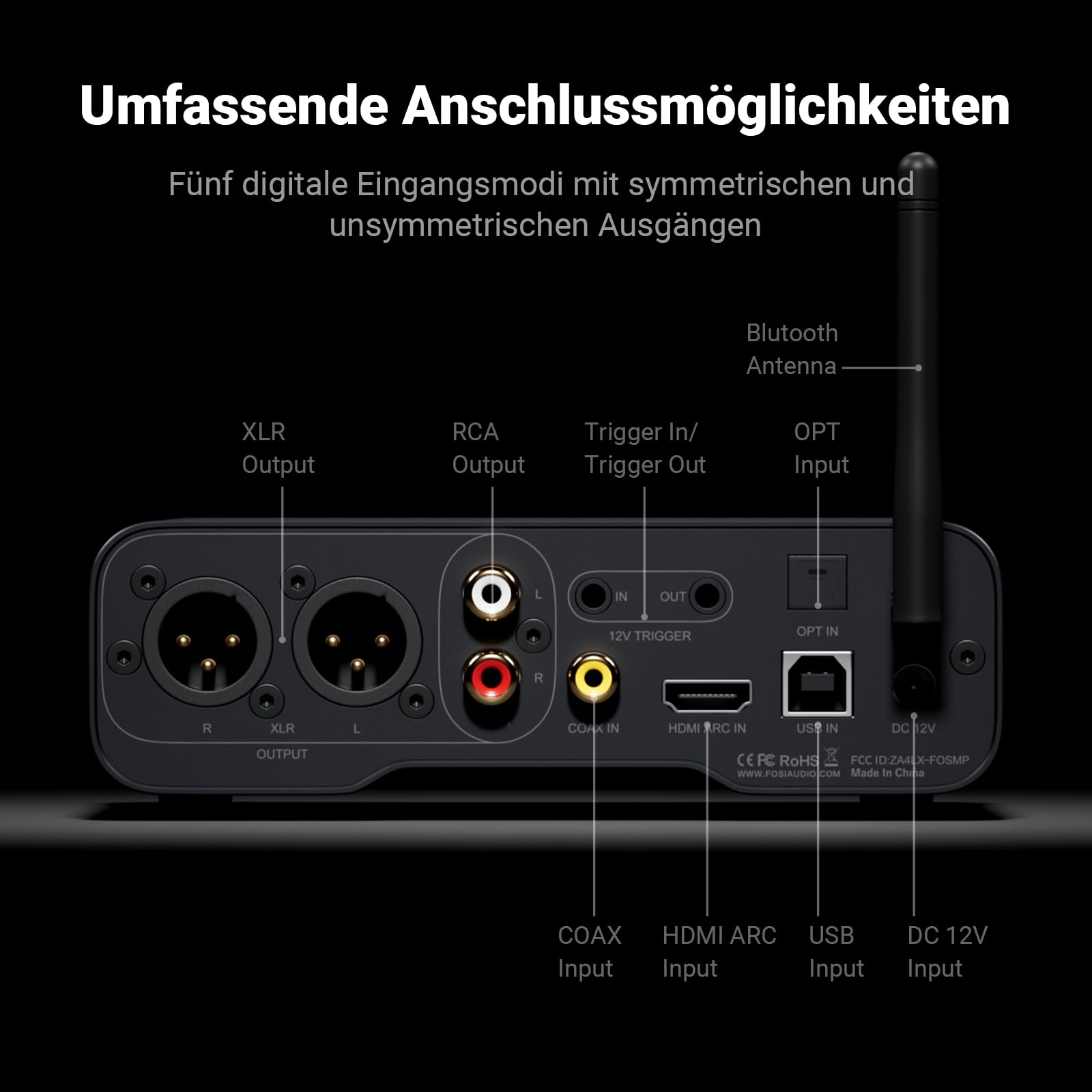 Fosi Audio ZD3 Desktop DAC Preamp, Fully Balanced DA Wandler mit ES9039Q2M für Heim-Stereo-Verstärker, TV HDMI ARC/Bluetooth/USB/Optik/Coax Eingänge, XLR/RCA Ausgänge mit Fernbedienung
