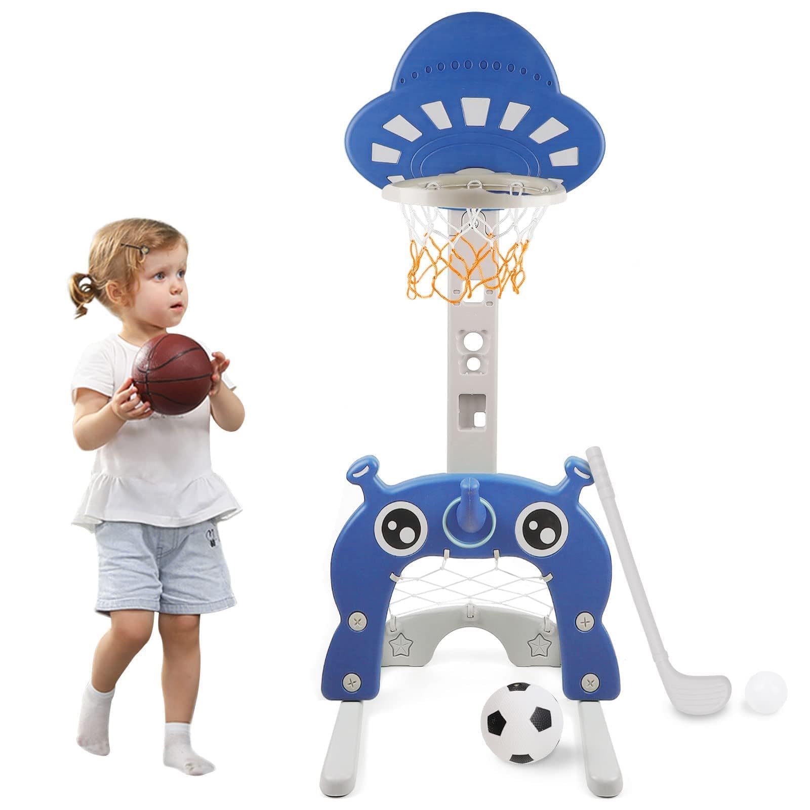 Juego de canastas 4 en 1 para niños - Juego de Deportes: Baloncesto | Fútbol | Lanzamiento del Anillo | Golf | Actividad para niños pequeños: niños y niñas (Azul)