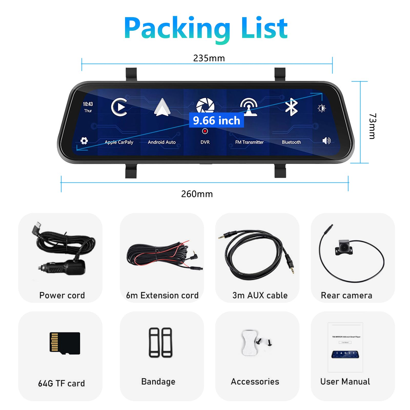 Podofo Lusterko samochodowe z bezprzewodową kamerą samochodową Apple Carplay, Android z kamerą cofania HD, ekran dotykowy IPS 9,66 cala, podwójne lusterko wsteczne 1080P, kamera samochodowa, 2