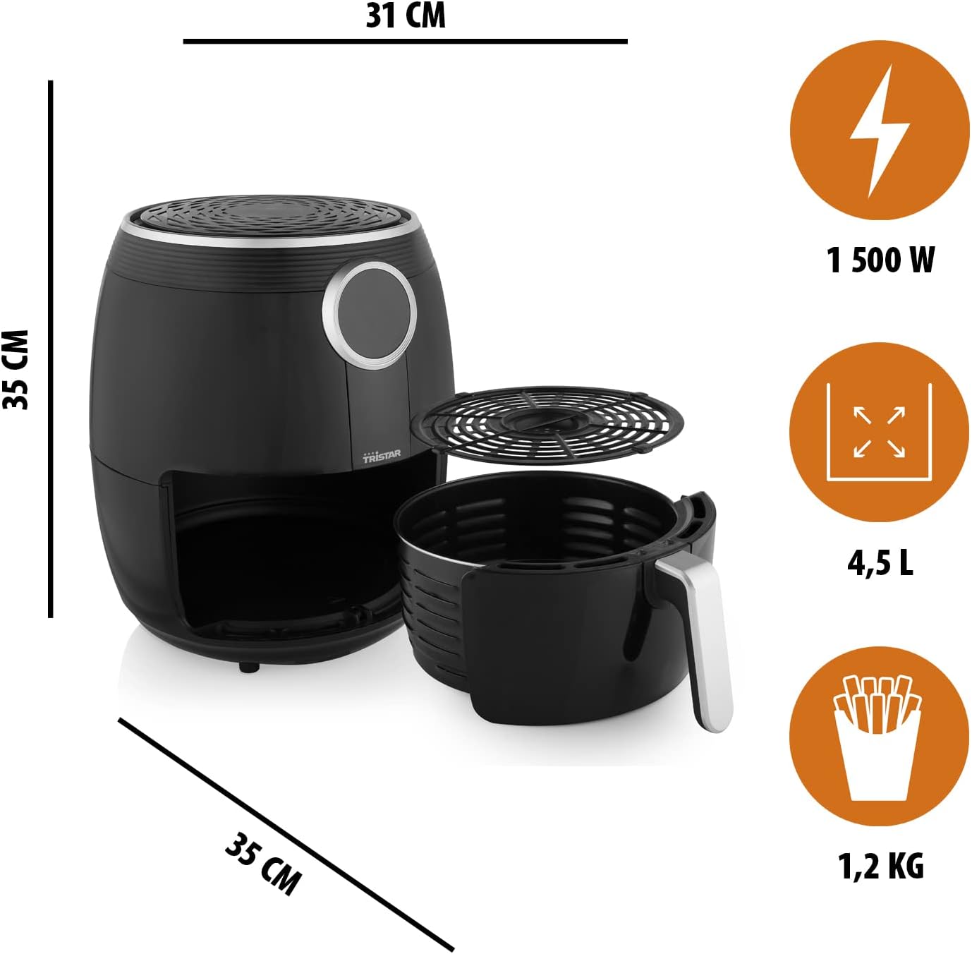 Tristar Friggitrice Ad Aria Airfryer Digitale, 4.5 Litri, 1500 W, 8 Programmi di Cottura, Schermo Tattile, senza Bpa, Nero Tristar Friggitrice Ad Aria Airfryer Digitale, 4.5 Litri, 1500 W, 8 Programmi di Cottura, Schermo Tattile, senza Bpa, Nero