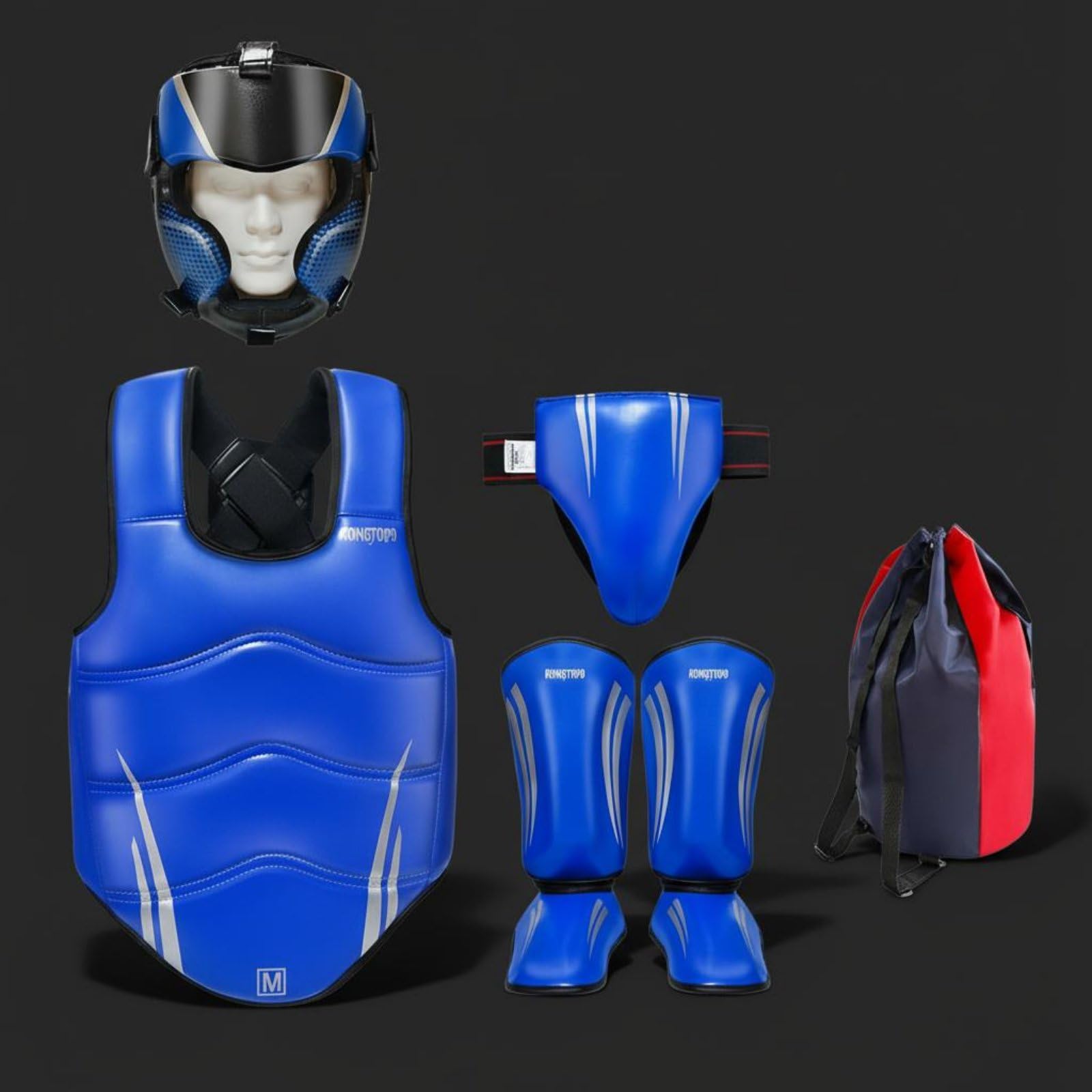 rockible 5 Pezzi Attrezzatura da Allenamento Combattimento Kit Protezioni Arti Marziali Casco Corpetto Parastinchi Parafianchi in PU con Imbottitura EVA Spessa