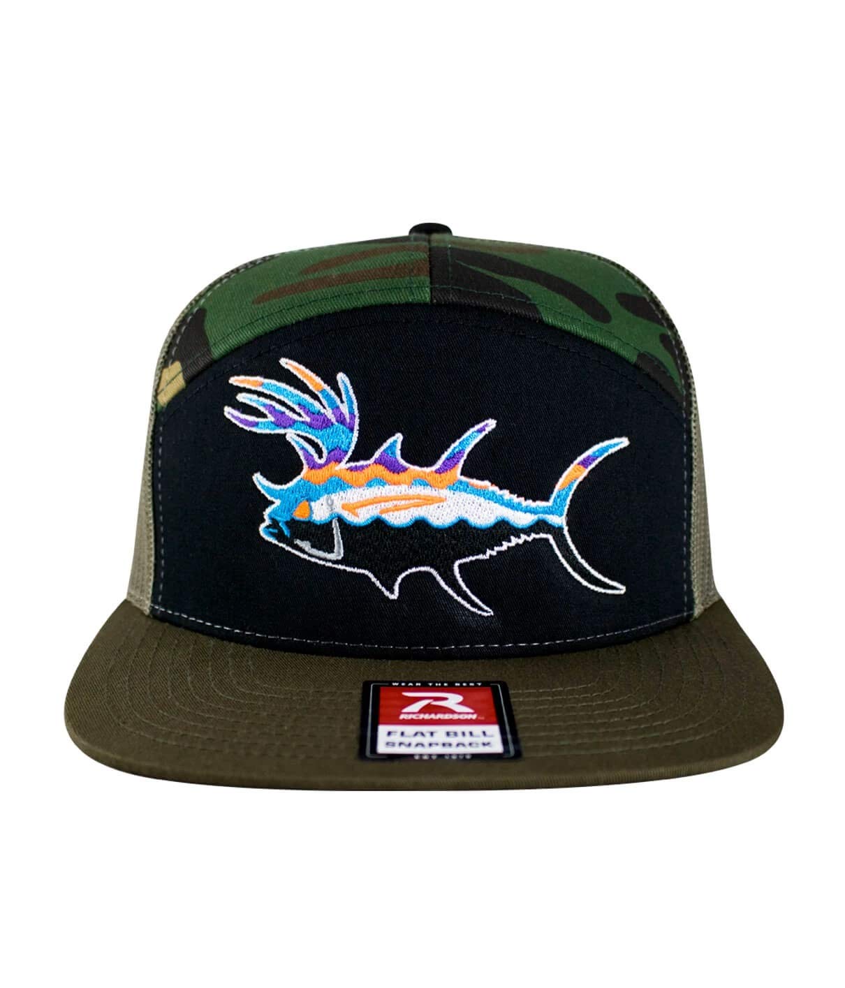 NICERIDESnapback Buck-Eye Explorer Black Camo 7 Panel Trucker Hat - High Profile Flat Bill Cap for Men