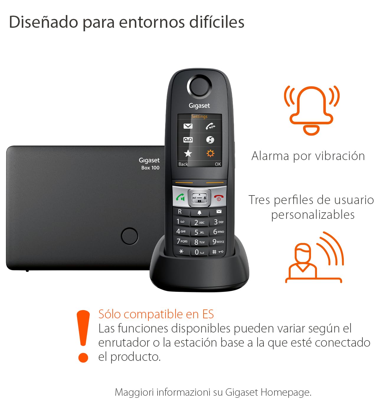 Gigaset E630 - Teléfono DECT Inalámbrico para conexión a una base DECT existente - Resistente al gua y al polvo (IP65), Negro [Versión Española]