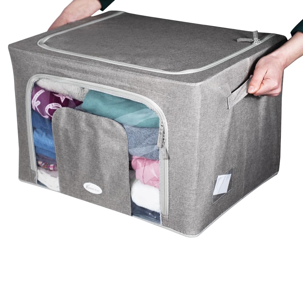 VIRSUS Scatole per Armadio in Tessuto GRIGIO con Finestra 1792, misura 50x33x40 cm, Capacità 66 Litri, Organizer Salvaspazio per Vestiti, Struttura in Metallo, Maniglie e Cerniera (4)